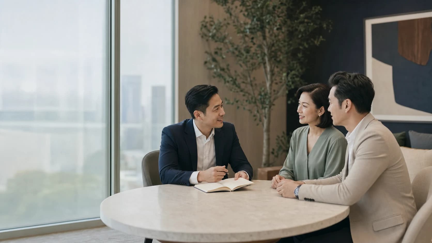 A Singapore financial adviser listening to a couple in a calm planning meeting