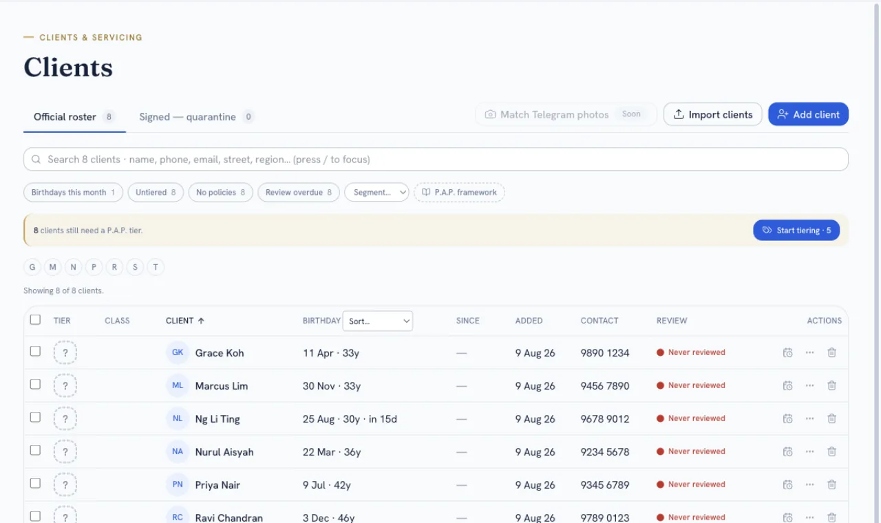 LifeCharter client roster showing a sample list of households with birthdays, contacts and review status