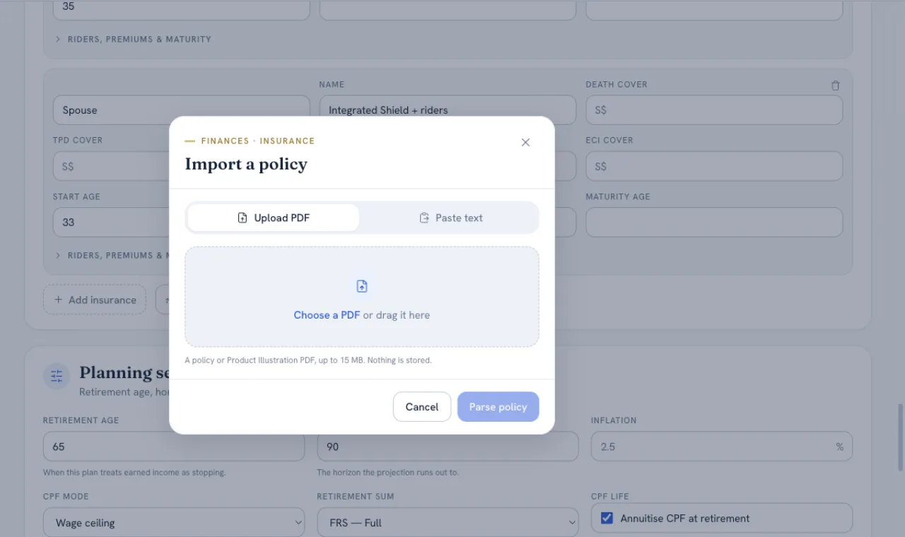 LifeCharter policy import dialog reading a policy PDF into structured coverage fields
